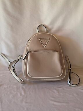 GUESS Mini Backpack Dusty Pale Pink White Trim Textured Faux Leather